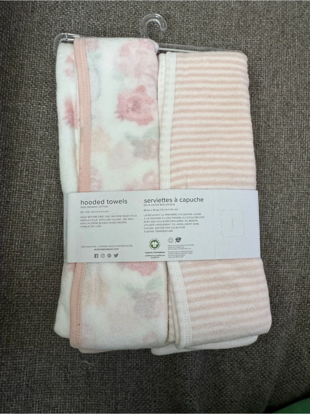 Burt's Bees Baby Pink Floral & Stripe Hooded Towels